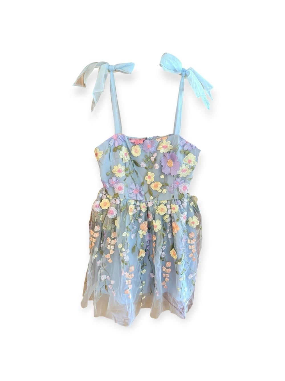 Lulu's Classic Romance 3D Floral Appliqué Tie-Strap Mini Dress NWT